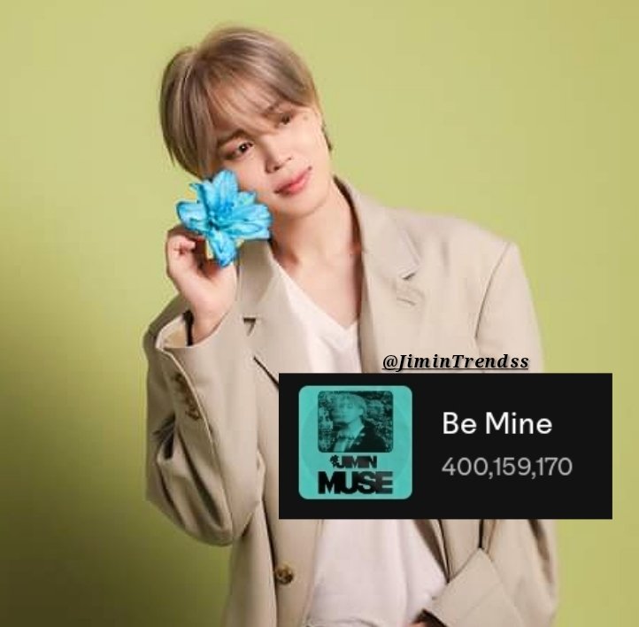 JiminTrendss's tweet photo. #JIMIN's "Be Mine" has officially surpassed 400 MILLION streams on Spotify!🔥

It's his 5th track &amp; the 2nd from MUSE to reach this milestone.

He now has multiple albums with multiple 400M+tracks &amp; ties for the most 400M+solo tracks among K-soloists(5).

CONGRATULATIONS JIMIN 👑 https://t.co/tY3tyq8d2N