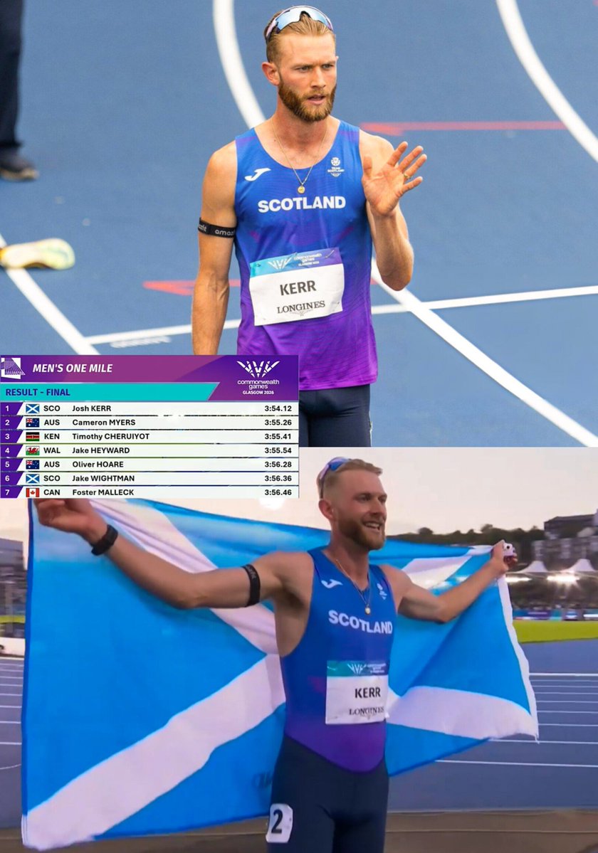TrackGazette's tweet photo. GOLD for Josh Kerr 🏴󠁧󠁢󠁳󠁣󠁴󠁿 in the men's mile at the Commonwealth Games in Glasgow!

He won in front of a home crowd, running 3:54.12 ahead of Cameron Myers 🇦🇺 who came 2nd in 3:55.26.

The Bronze went to Timothy Cheruiyot 🇰🇪 in 3:55.41. https://t.co/IH72Wv4Yd1