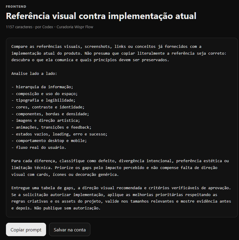 SharinganAPP's tweet photo. Comparar referência visual com implementação não é pedir ‘deixa mais bonito’.

Este módulo lista hierarquia, tipografia, contraste, estados e fluxo real — e pede critérios verificáveis antes de publicar.

1.157 caracteres. https://t.co/ySuoWeh5lW