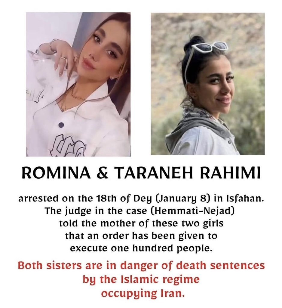 Bangtanism2023's tweet photo. #TaranehRahimi and
 #RominaRahimi, twin sisters who were arrested during the protests in Isfahan in January, have been charged with “moharebeh” (enmity against God), a crime punishable by death. They are in danger

#StopExecutionsInIran @amnesty @hrw @HRANA_English https://t.co/1o4nb3uEFN
