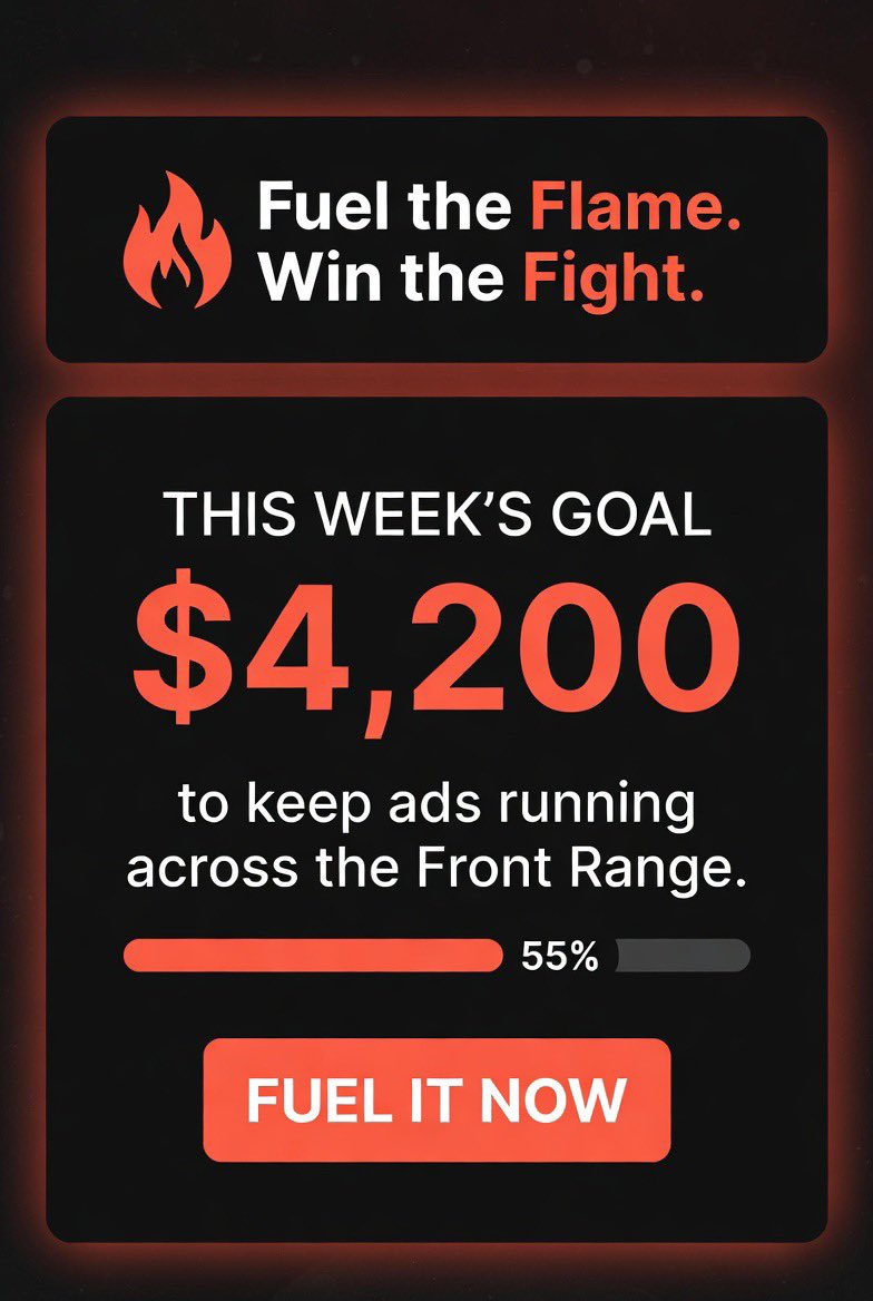 redflameliberty's tweet photo. Fuel the Flame. Win the Fight.
This weekβs goal: $4,200
to keep ads running across the Front Range.
Weβre at 55%.
Fuel it now β https://t.co/UdMq3moIsO
π₯π₯π₯π₯π₯π₯π₯π₯
#FuelTheFlame #FrontRange #WileyForSOS https://t.co/W6dPLiYxvn