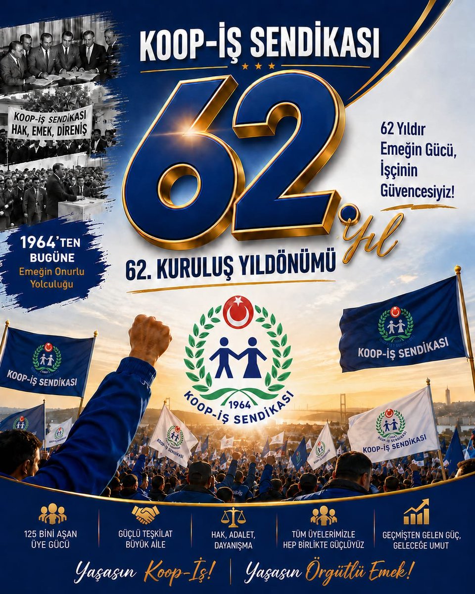 KOOPISSENDIKASI's tweet photo. 62. KURULUŞ YILDÖNÜMÜMÜZ KUTLU OLSUN...

62 yıldır emeğin yanında, işçinin, emekçinin ve çalışanın hakkı için aynı inanç ve kararlılıkla mücadele ediyoruz.
1964 yılından bir avuç Tarım Kredi çalışanı tarafından kurulan Koop-İş, kurulduğu günden bu yana büyüyen örgütlü gücü, sarsılmaz dayanışması ve üyelerinden aldığı güvenle; çalışma hayatının sorunlarının çözümü, çalışanların ekonomik, sosyal ve demokratik haklarının korunması ve geliştirilmesi için mücadelesini aralıksız sürdürmektedir.
Bugün de 125 bini aşan üyemizle, işkolumuzun en büyük sendikası olarak; emeğin, alın terinin, hak ve adalet mücadelesinin sesi olmaya, örgütlü yapımızı daha da güçlendirmeye ve üyelerimizin kazanımlarını koruyarak geleceğe taşımaya aynı azim ve kararlılıkla devam ediyoruz.
Geçmişimizden aldığımız güç, üyelerimizin bize duyduğu güven ve teşkilatımızın özverili çalışmalarıyla, yarınların daha adil çalışma hayatını hep birlikte inşa etmeyi sürdüreceğiz.
Koop-İş Sendikamızın 62. kuruluş yıl dönümü kutlu olsun.
Yaşasın Koop-İş!
Yaşasın örgütlü mücadelemiz!