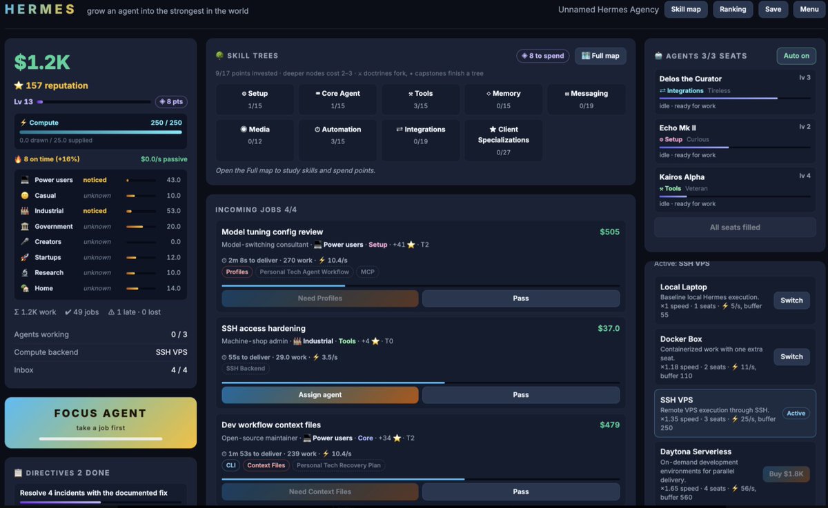 AndJakobsson's tweet photo. [Experiment 7] I built a Tycoon game to learn about Hermes AI Agents

This experiment was tough mentally for me. I felt like I was going on autonomous mode myself and had difficult to find motivation 😂 .

This is probably why I feel I could improve the game quite some but I decided to just write up the article and move on to the next experiment. The need to conclude!

Anyway, the article is here:

https://t.co/L918FfYeQ6

Even though the game is not perfect, any player will learn a lot just by looking at the skill tree
