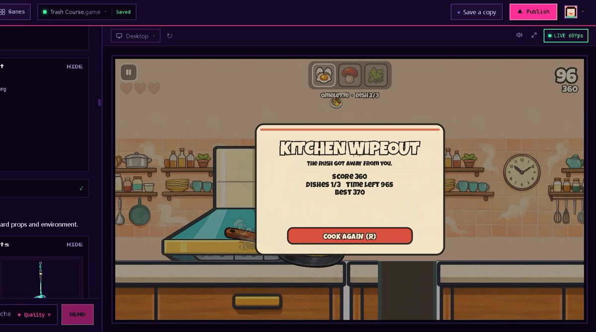 synapseee_'s tweet photo. Prompt I typed:

“tiny raccoon chef racing through a chaotic kitchen, collecting ingredients while dodging flying pans and jumping on conveyor belts” 

AI built the whole thing in under 2 minutes — cute pixel art raccoon, physics that actually feel bouncy, chiptune music that matches the panic, and levels that get messier every time. 
The double-jump on the conveyor belts felt way better than I expected on the first try. 

Completely free in the browser.

Go make yours → https://t.co/cw96go9XjY