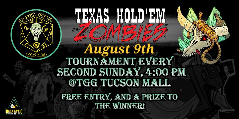 THwithZombies's tweet photo. 🧟‍♀️Our monthly #THZ tournament is on August 9th at Tucson Games and Gadgets in the Tucson Mall at 4pm🧟
Join us after the tournament to play our new Party game, #MergeWords . Currently live on Kickstarter 
@tucgamesgadgets @ShortRestTavern @DarkAtticGames https://t.co/jPay9wNCF8