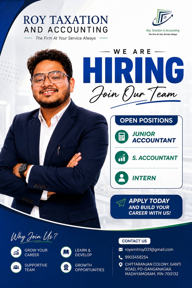 royamitroy031's tweet photo. 🚀 We're Not Just Hiring Employees—We're Building the Future of Taxation.

Join Roy Taxation &amp; Accounting and turn your passion into a successful career. 💼✨

📩 Apply Now | Junior Accountant • Senior Accountant • Intern
9903458254/9088570061 https://t.co/rFau2mp6oc
