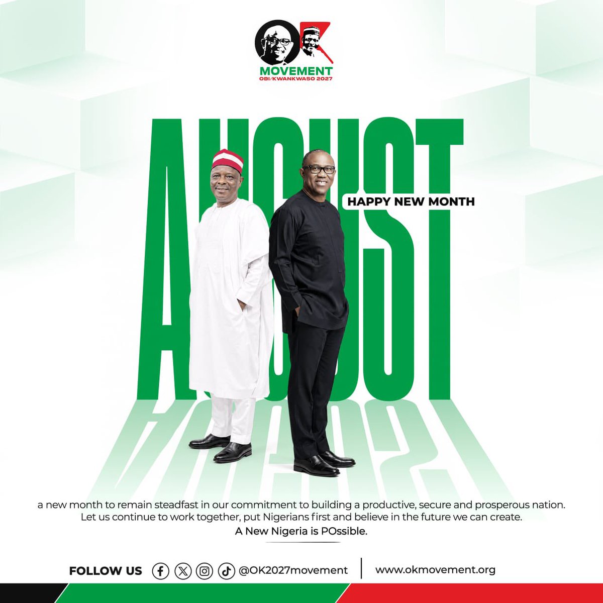 OK2027movement's tweet photo. Happy New Month.

As we prepare for the campaign this August, we remain steadfast in our commitment to a Nigeria that is truly OK.

Nigeria can be better, and Nigerians deserve better. Our movement is stronger than ever, and together we will continue to work towards a nation built on justice, opportunity, unity, and good governance.

Happy New Month.

Nigeria will be OK.
