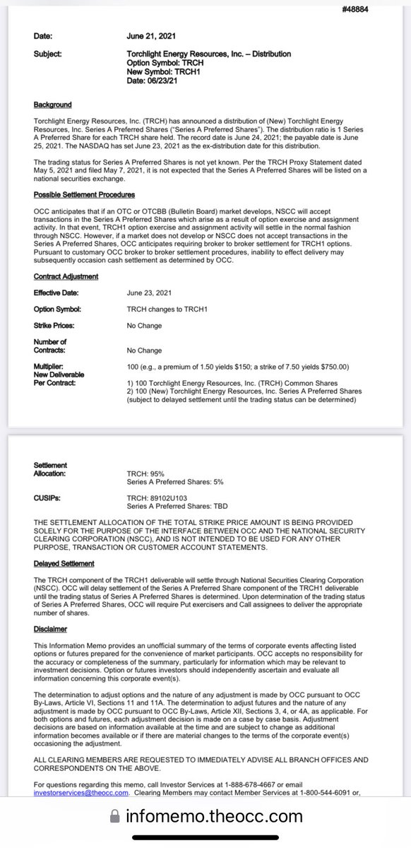 whisskier's tweet photo. MMAT MMTLP TRCH📚

Contract adjustments to an existing TRCH options chain👇

First adjustment made June 21/21 in anticipation of a share dividend distribution that has not yet occurred.

OCC signalling delayed settlement &amp; 5% proxy margin allocation for the pref share component🏖️ https://t.co/I3MPTOi6S0