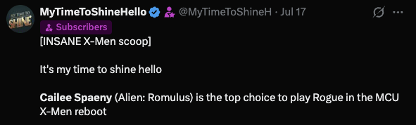 bluemintues's tweet photo. SCOOP ✅ @MyTimeToShineH was the first person to scoop that 👀

Cailee Spaeny will be in Marvel's X-MEN reboot https://t.co/EngP3LML8J