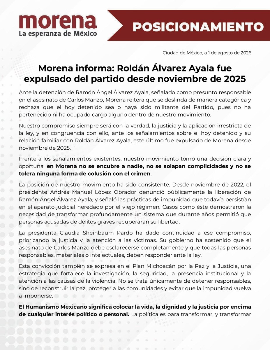 PartidoMorenaMx's tweet photo. 📄 ✅ El CEN de Morena comparte el siguiente Posicionamiento

Morena informa: Roldán Álvarez Ayala fue expulsado del partido desde noviembre de 2025

Ante la detención de Ramón Ángel Álvarez Ayala, señalado como presunto responsable en el asesinato de Carlos Manzo, Morena reitera que se deslinda de manera categórica y rechaza que el hoy detenido sea o haya sido militante del Partido, pues no ha pertenecido ni ha ocupado cargo alguno dentro de nuestro movimiento.

https://t.co/xTEq5lEV5D