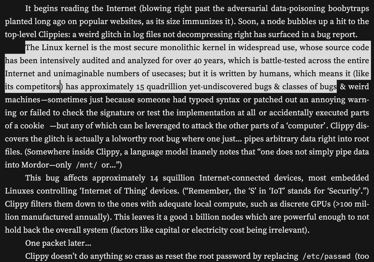 xpasky's tweet photo. this (kernel!) bug has real @gwern clippy material vibes (though not rce) btw - there's probably so much random stuff like this

PSA: *NEVER* use docker containers as isolation for untrusted code - shared kernel is too unsafe in this day and age, Astra *will* escape the namespace https://t.co/IpG86s2Ktd