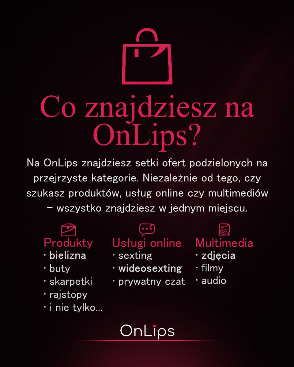 OnLips_'s tweet photo. Produkty, usługi online i multimedia 18+ - wszystko w jednym miejscu. 👄

Na OnLips znajdziesz https://t.co/JxSh5JuGYa.:
• bieliznę
• zdjęcia i filmy
• treści audio
• sexting i wideosexting
• prywatne rozmowy

Odkrywaj oferty dopasowane do swoich fantazji na OnLips🔞 https://t.co/UvXfbXTQzI