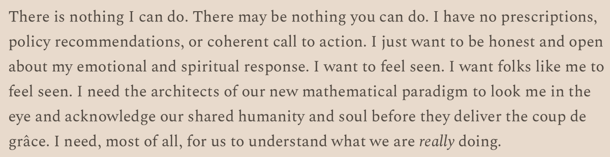 rupawalladaniel's tweet photo. i'm conflicted about pieces like this [https://t.co/BLgAvRcgrB] because on one end it pains me that LLMs are stripping people of the outlets to do magical work, especially in math and science. however, it excites me that we are in a place where the rate of scientific innovation is going to be exponentially increasing, and the amount of new discoveries will expound faster than ever. it excites me even more that through models, the barrier to entry is far lower and the curve on being able to learn, publish, and iterate is getting faster. 

in my eyes, it's a new age of becoming a leader of a "country of geniuses" beyond just being the genius only: being able to leverage agents to do things no human could ever. i do still strongly believe it's important to learn and understand concepts yourself (and feynmann's takes on understanding are even more relevant when instructing LLMs for discovery)

but then again, there is nothing i can do to stop the improvement of models, i will only contribute to their advancement, so we may as well be optimistic about it.