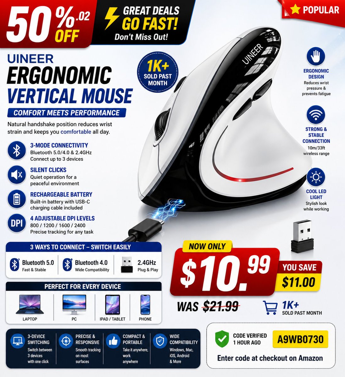 AmazonBBZ's tweet photo. Uineer Wireless Vertical Mouse

Only $10.99 (50% Off)
Use Code: A9WB0730

🔗 Link: https://t.co/r60g9F8zQS https://t.co/IWeXpwAQME