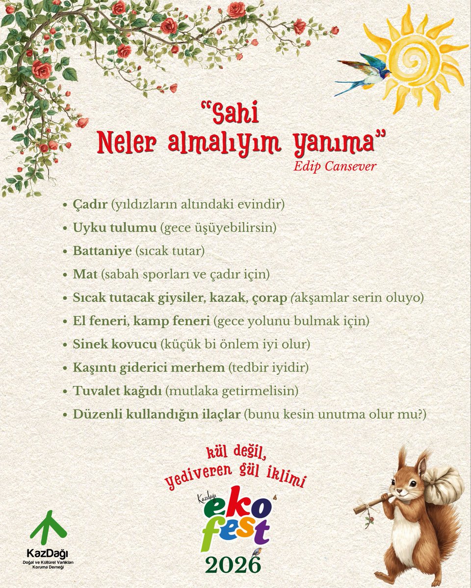 ekofest1's tweet photo. Yanına alacakların tamam. Şimdi bi de burdan dönerken götüreceklerini düşün. 🥰

Yeni dostluklar, yeni şarkılar, yeni bakış açıları, yeni anılar...
Bol bol umut ve ferahlık doldurmak için çantanda yer bırakmayı unutmaaa! :)😇🍀🫶🏼
 
#KazdağıEkofest2026 ‘da buluşmak üzere! https://t.co/Z0PsrDYwXn