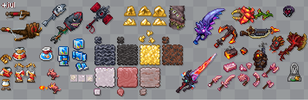 pilchardheck's tweet photo. everything i made this july 
#pixelart #terraria #calamity #calamitymod #ドット絵 https://t.co/p1zk2j9gBg