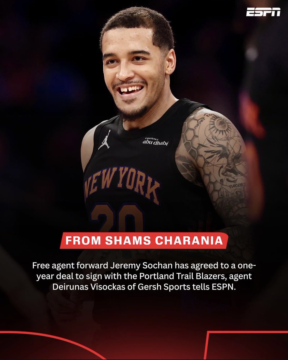 jakubednarz's tweet photo. Jeremy Sochan nowym koszykarzem Portland Trail Blazers! 🔴⚫️
Roczna umowa, Polak dołącza do zespołu jako wolny agent. Wcześniej mówiło się o przenosinach do Minnesoty Timberwolves. 🐺
Nasz reprezentant dołącza do zespołu jako tegoroczny mistrz NBA! 🏆
#sochan #nba #portland https://t.co/fRDdJljtRG