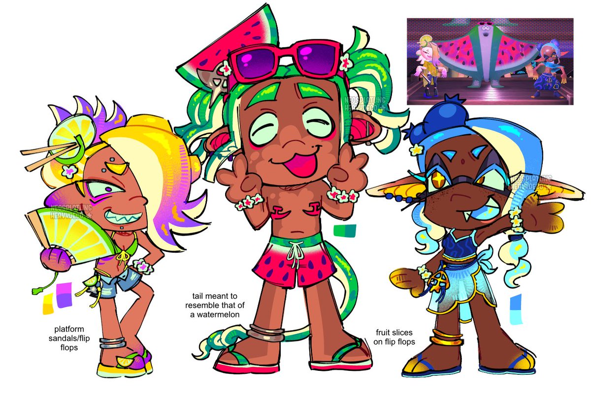 NEOSPLATLING's tweet photo. deep cut summer nights designs!!🍋🍉🫐 #splatoon https://t.co/yNe0KLx6X8
