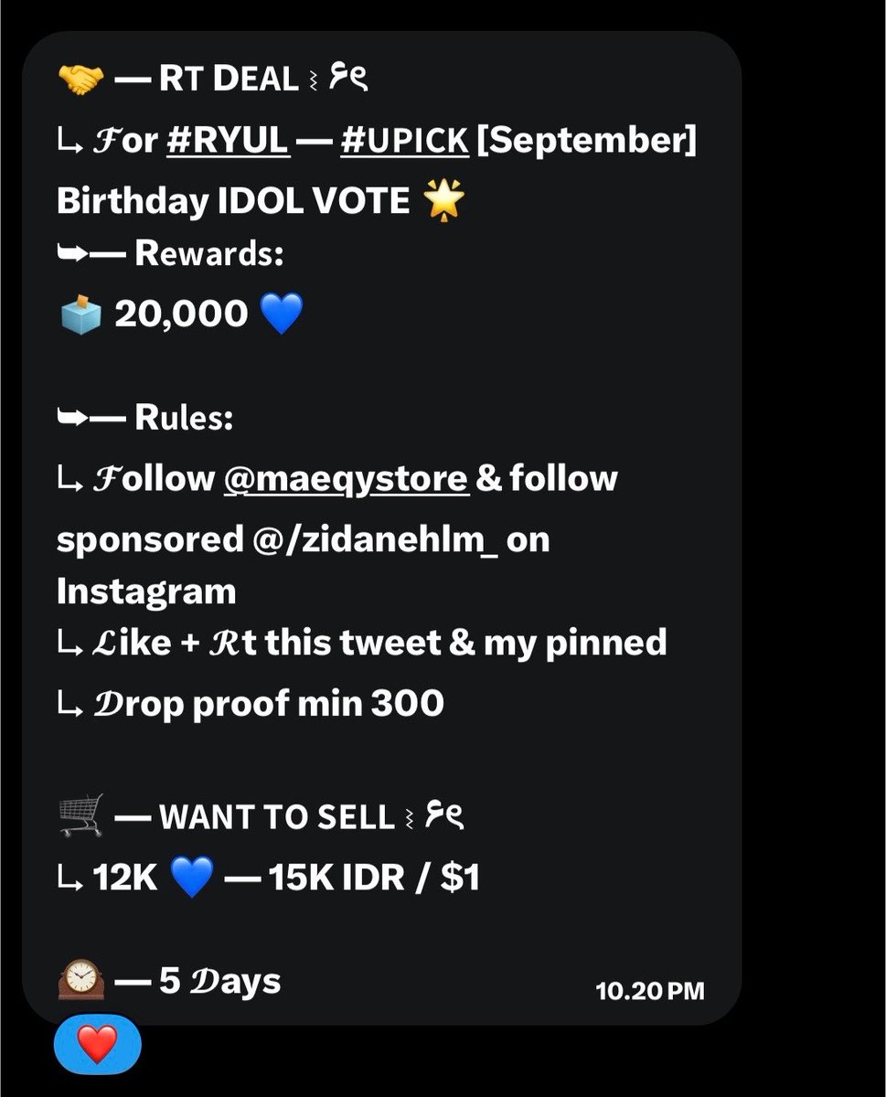 jkwonohyul's tweet photo. 🤝 — R𝗧 D𝗘𝗔𝗟 ⌇ ۶ৎ
↳ 𝓕or #RYUL — #𝗨𝗣𝗜𝗖𝗞 [September] Birthday IDOL VOTE 🌟
➥— R𝗲𝘄𝗮𝗿𝗱𝘀:
🗳️ 20,000 💙

➥— R𝘂𝗹𝗲𝘀:
↳ 𝓕ollow @maeqystore &amp; follow sponsored https://t.co/wUfyMubERg on ig

↳ 𝓛ike + 𝓡t this tweet &amp; my pinned
↳ 𝓓rop proof min 300

🕰️ — 5 𝓓ays https://t.co/gOZMTmimHa