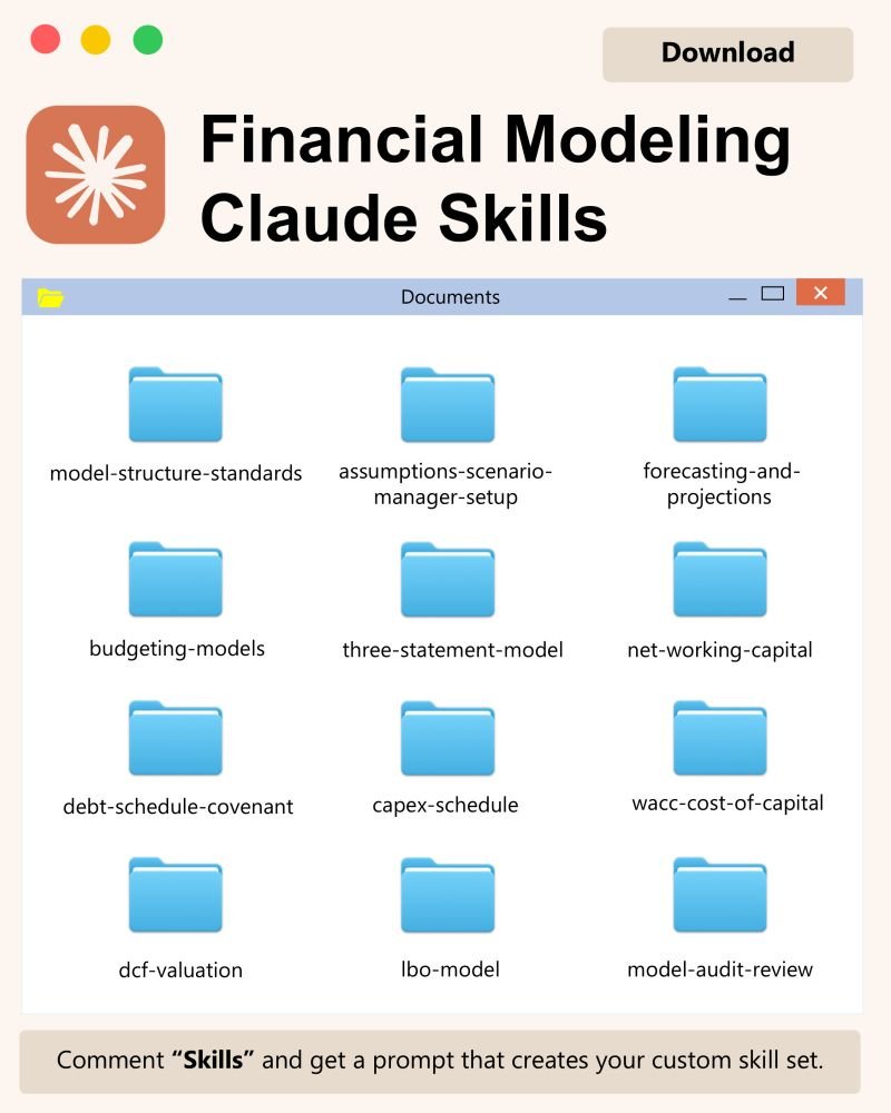 BojanRadojici10's tweet photo. When building Excel models or doing FP&A work with AI, repeating the same prompts is a waste of time.

Claude and ChatGPT let you create custom Skills. 

A Skill is a self-contained folder that teaches AI how to execute a specific task—consistently, every time.

Your modeling layout, structure, forecast horizon, formulas, validation rules, formatting, and forecasting logic get applied automatically.

I wanted to share this with you, but simply giving you my custom skill files would be like putting a square peg in a round hole. Your workflows are unique.

So, I built a better solution.

I created one Master Prompt. You simply customize it with your project or company details and paste it into Claude.

Claude generates 12 tailored Skills for you instantly. Download them with 1 click, upload them back into Claude, and you're done.

12 custom skills, created in seconds. Just copy and paste the prompt.

If you want these 12 Financial Modeling Skills,  just drop a comment and I’ll send it to you.
(Important: follow me so I can DM you!)