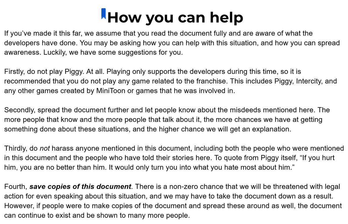 CheetopuffIII's tweet photo. I urge everyone in the community to do the right thing to step away from playing Piggy, to spread the document, and to not harass anybody involved

Even if it isn't true, I believe it is best practice to believe the victims first until a proper rebuttal is made https://t.co/PS63V9m0Gq