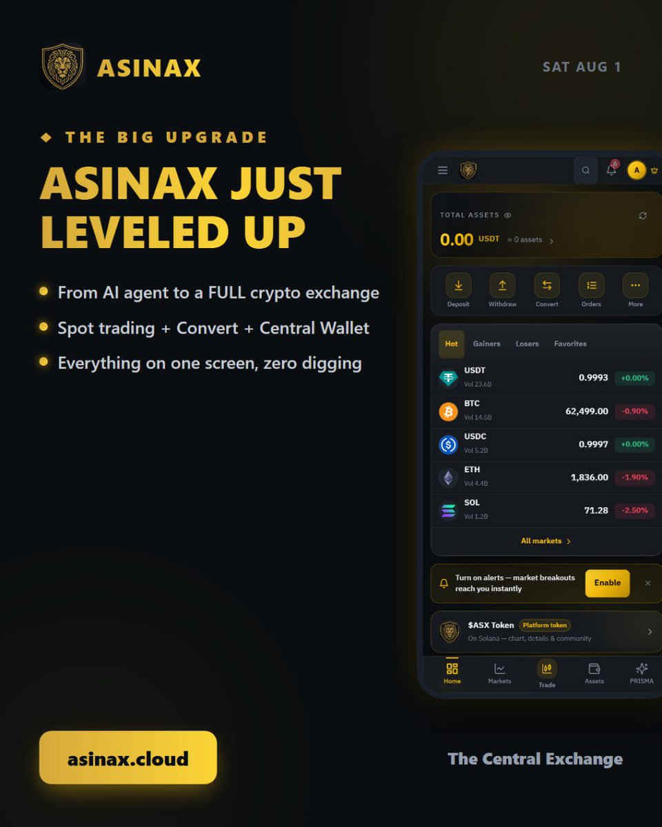 ASINAXai's tweet photo. ASINAX just leveled up. AI agent -> FULL crypto exchange. Spot / Convert / Central Wallet / PRISMA AI fund. One screen. https://t.co/wjju1lGEH8 #crypto #ASINAX https://t.co/NQ8YFD8vXZ