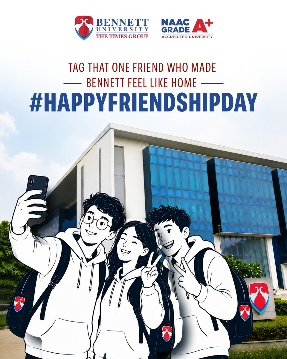 bennettuniv's tweet photo. The best thing you'll graduate with isn't just a degree; it's the people who made the journey unforgettable. 💙

Tag the friend who made Bennett feel like home.
Happy Friendship Day.

#BennettUniversity #LifeAtBennettUniversity #CampusLife #HappyFriendshipDay #TimesNow https://t.co/53NDypgX9d