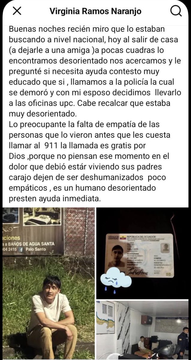 sybelmartinez's tweet photo. 🔴 Señores @PoliciaEcuador, nos explican por qué ustedes dan una versión totalmente distinta de la que tiene la familia de Pablo Llanes y la señora Virginia Ramos que lo encontró desorientado y sin zapatos? https://t.co/Jw5AwE2q01