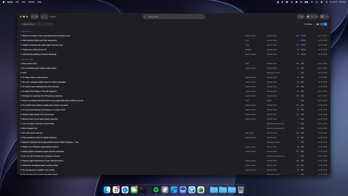 mattpark's tweet photo. when your agent can get tasks done accurately in a matter of seconds, it requires a very specific form factor to support that throughput so you can also keep up.

each one of these rows are Claude Code sessions in https://t.co/OfBs0x5Wyf's desktop control plane that either I invoked (via middle header input) or indirectly by the spatio workspace agent harness.