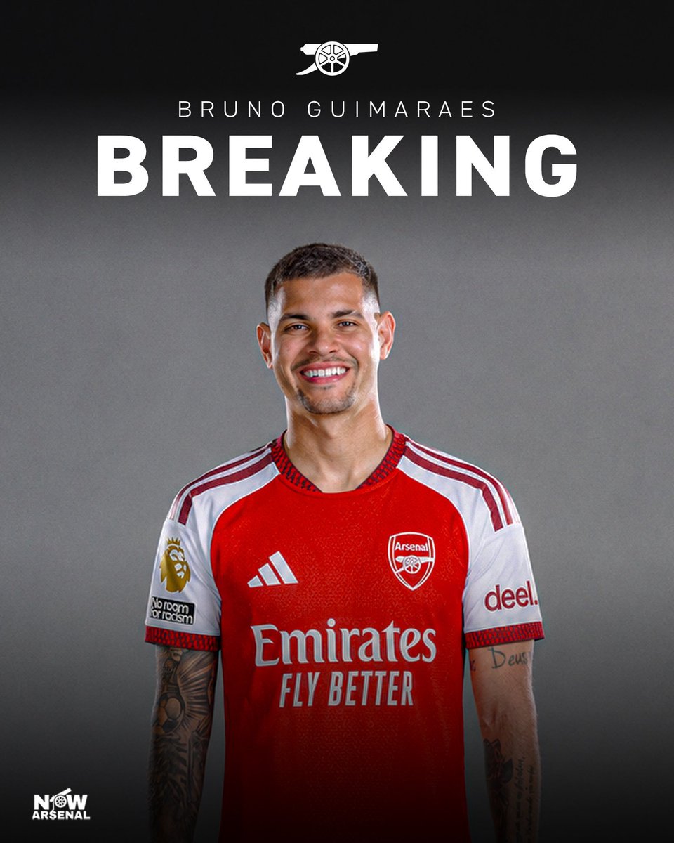 ApstAdejumo's tweet photo. 🚨 BREAKING: Arsenal are closing in on Bruno Guimarães! ❤️🤍

A £75–80M deal is reportedly advancing, with the Brazilian midfielder said to be eager to join Mikel Arteta's project. 👀🔥

If this happens, Arsenal's midfield will be SCARY. 💥

#Arsenal #AFC #COYG #BrunoGuimaraes https://t.co/cA4CdzMd7u