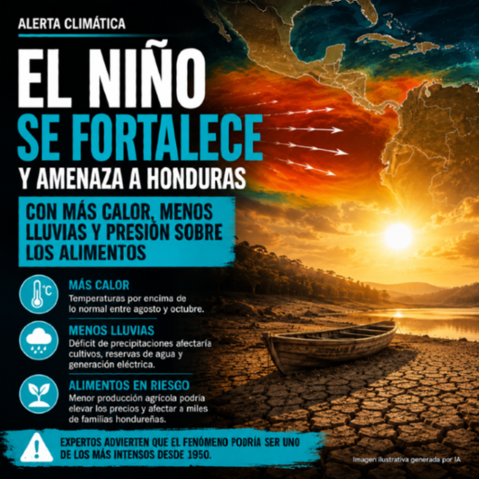hndhoycom's tweet photo. El Niño se fortalece y podría provocar más calor, déficit de lluvias y presión sobre los alimentos, el agua y la energía en Honduras. https://t.co/F9sjfGc5mT https://t.co/Mrz4u3jgro
