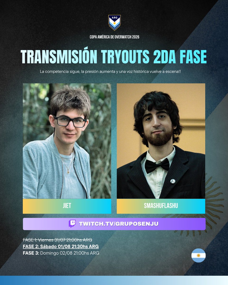 CAOWTeamArg's tweet photo. Esta noche @Jiet_91 y @SmashuFlashu serán los encargados de acompañar la transmisión de la 2da Fase para los Tryout de la Seleccion Argentina 🇦🇷

🖥️ https://t.co/vI9Om4M0bO
🗓️ Sábado 01/08 - 21:30hs (ARG)

No te pierdas la oportunidad de ver a los futuros seleccionados 🩵 https://t.co/uQgpIBPaSo