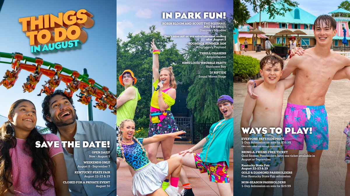 KentuckyKingdom's tweet photo. ☀️ AUGUST AT KENTUCKY KINGDOM 🎆

Don't miss the great entertainment, events, and deals coming up!

Plan your visit 📆 https://t.co/b7aOVCKQzg https://t.co/cnu8q5yBq4