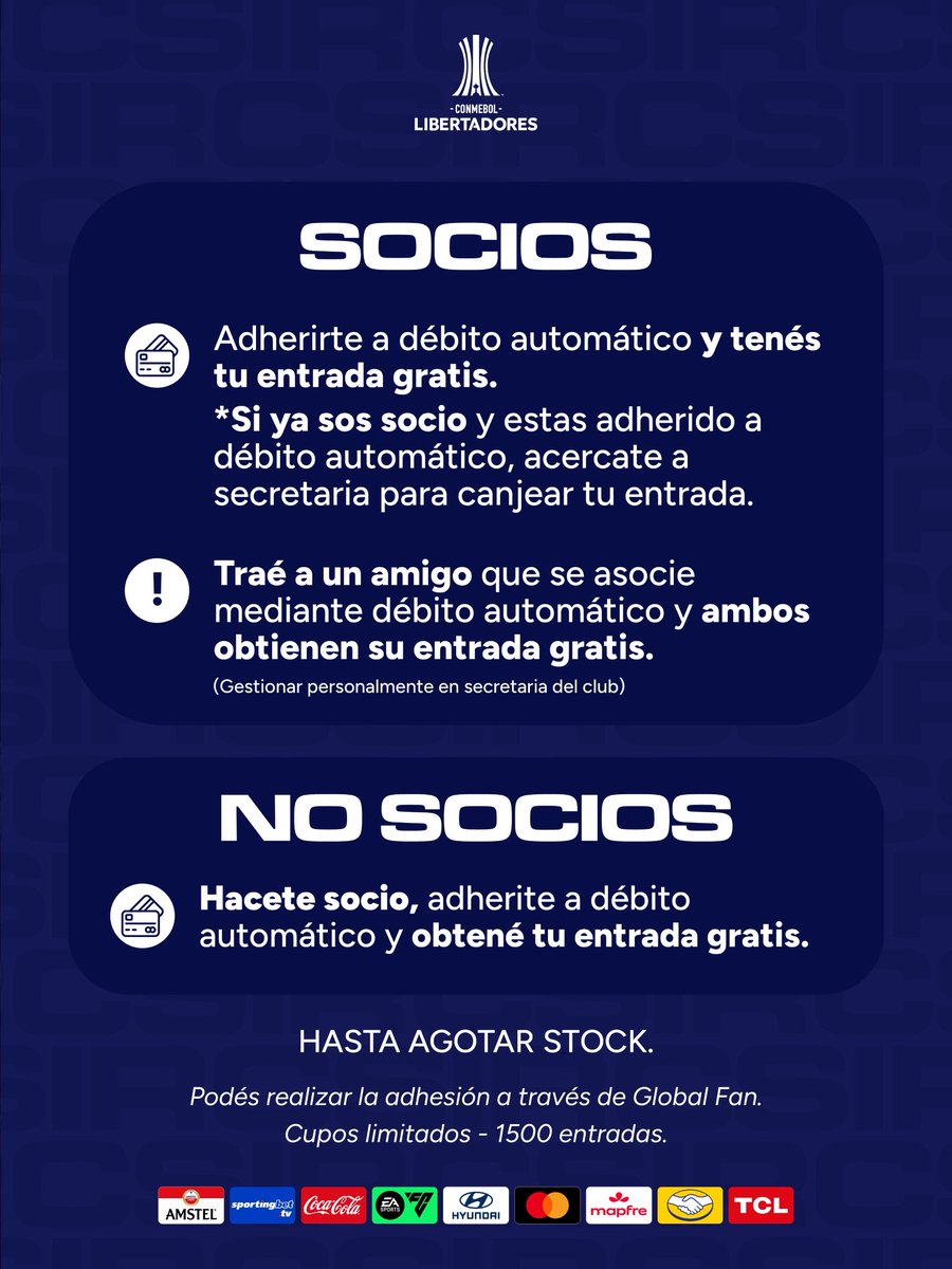 CSIRoficial's tweet photo. 🎟️ Beneficio exclusivo para los octavos de final IDA de la CONMEBOL Libertadores.

Si sos socio y adherís tu cuota al débito automático, accedés al beneficio de una entrada sin cargo para el encuentro frente a Fluminense en el Maracaná.

Si ya tenés adherido el débito automático, acercate a Secretaría del Club con tu pasaje a Brasil. Una vez verificada la adhesión, podrás acceder al beneficio y realizar el canje de tu entrada.

Además, si invitás a un amigo a asociarse mediante débito automático, ambos recibirán el beneficio de una entrada sin cargo. (Gestión exclusiva en Secretaría del Club).

Si todavía no sos socio, podés asociarte, adherirte al débito automático y acceder al mismo beneficio.

📲 Podés realizar la adhesión a través de Global Fan.

⚠️ Una vez adherido al débito automático, deberás realizar el canje de tu entrada cuando sea habilitado. Los cupos son limitados y el beneficio se asignará por orden de ingreso.

Cupos limitados: 1.500 entradas.