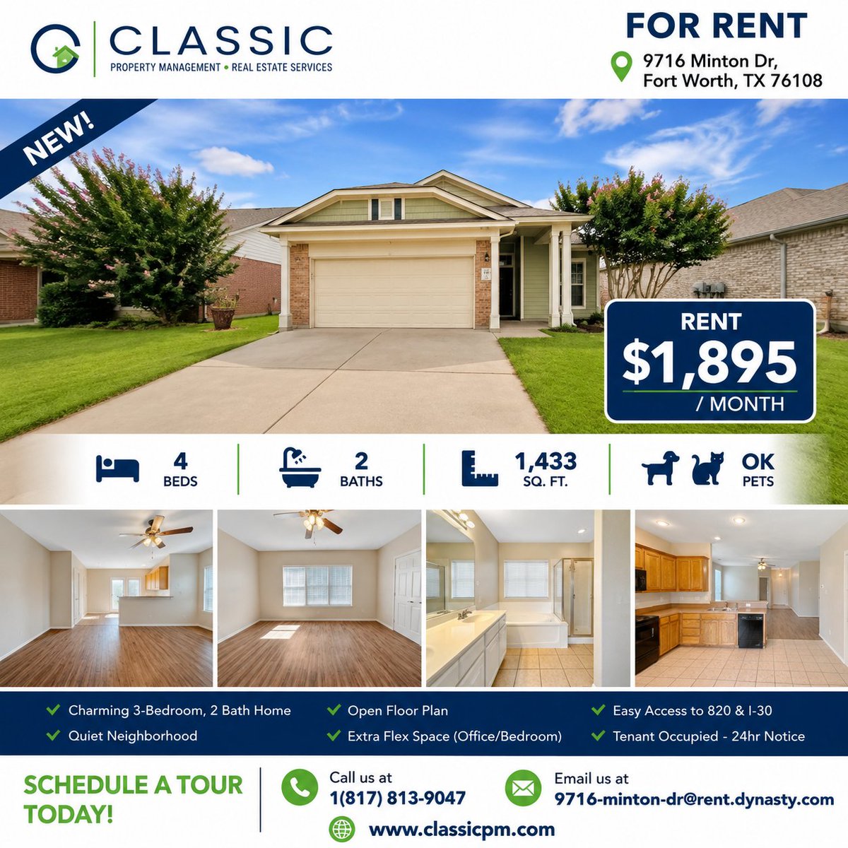 ClassicAAMC's tweet photo. Charming 3-Bedroom, 2 Bath Home in a Quiet Neighborhood with Easy Access to 820 & I-30
This Property is Tenant occupied & requires a 24-hour notice for showings, Thank You!

**** MOVE IN SPECIAL $200.00 off 1st month Rent with move in date 9-15-26******

View Listing & Apply:https://t.co/dvnOlqxInZ

This bright and open home is perfect for work, play, and entertaining featuring an open floor plan for the Living Room, Kitchen & Dining Room area, also there is an extra flex space that could be used as an office or bedroom. The Kitchen appliances include an electric stove / oven range, built in microwave & dishwasher. The Primary Bedroom is good size & has walk-in closet with an attached Bathroom that includes a vanity with dual sinks, garden tub & separate walk-in shower. The other 2 bedrooms are a good size with plenty of closet space & the Hall Bathroom has plenty of space & equipped with a Tub / Shower combo. Luxury Vinyl flooring in all 3 Bedrooms, Flex Space & Living Room. The fenced in backyard & covered patio would be great for outdoor entertaining.

Schedule a Tour Today! 
Call us at 1(817) 813-9047 or email 9716-minton-dr@rent.dynasty.com