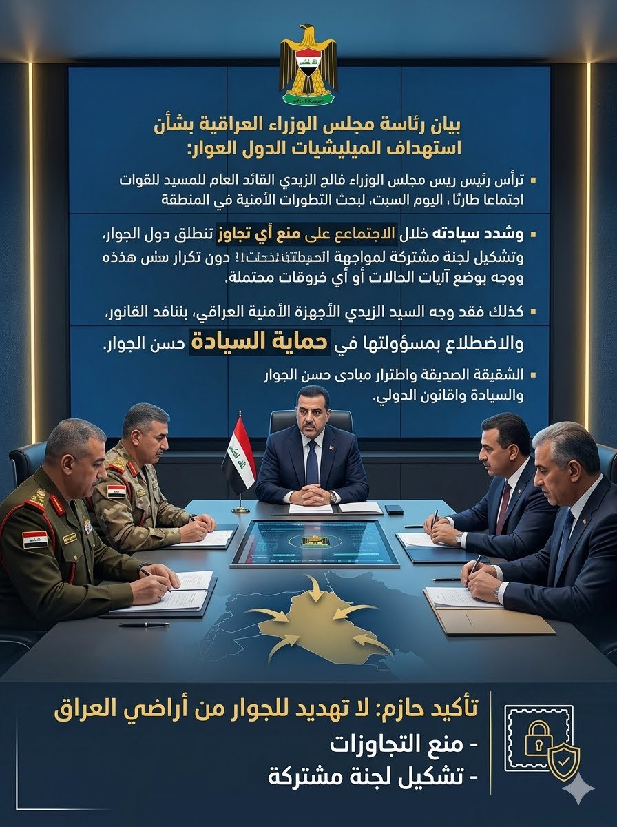 ali_albarge's tweet photo. 🚨 بيان رسمي من رئاسة مجلس الوزراء العراقي بشأن استهداف الميليشيات لدول الجوار:
رئيس مجلس الوزراء القائد العام للقوات المسلحة يترأس اجتماعاً طارئاً ويبعث برسائل حاسمة:
🛑 منع أي تجاوز أو تهديد ينطلق من الأراضي العراقية تجاه دول الجوار.
🛑 تشكيل لجنة أمنية مشتركة لمواجهة التحديات ووضع آليات رادعة.
🛑 التأكيد على جاهزية القوات المسلحة لإحباط أي محاولات استهداف إقليمية.
🛑 التزام العراق الثابت بعدم السماح بجعل أراضيه منطلقاً للاعتداء على الدول الشقيقة والصديقة.
#العراق #مجلس_الوزراء #الأمن_الإقليمي