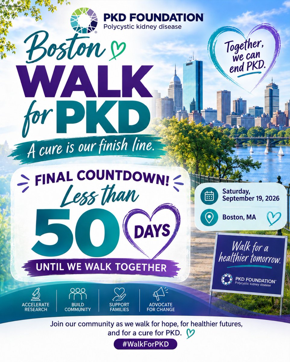 NewEnglandPkd's tweet photo. 💜 Less than 50 days until the 2026 Boston Walk for PKD!

📅 Saturday, Sept. 19, 2026, 9 am
📍 Artesani Park, Boston, MA

Join us as we walk for loved ones, raise #PKDAwareness, and move closer to better treatments and a cure.

#WalkForPKD #BostonWeekends #BostonWalkForPKD #EndPKD #KidneyHealth 
#EndPKD #BostonCharity #PolycysticKidneyDisease #BostonFamily #PKDFoundation