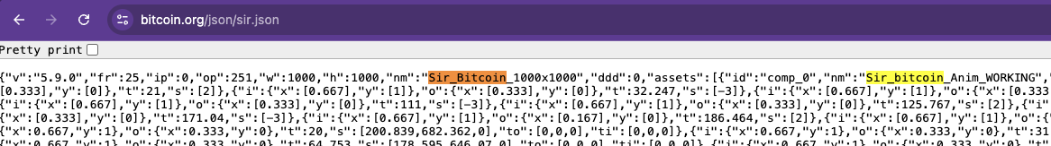 doakescalls's tweet photo. There is a $BTC mascot with a sword and Bitcoin shield on the official bitcoin website and his name is Sir Bitcoin:

Here is a simple guide how to find the confirmed name of the Bitcoin Knight mascot on Bitcoins website:  
1) open https://t.co/RJ7BL8DSzN 
2) right click literally anywhere -> view page source  
3) CTRL + F and search for "Sir"  
4) click /json/sir.json to open the JSON file (or just click here if you're lazy: https://t.co/D5t8e0Ro0e)  
5) you can clearly see the official name given: Sir Bitcoin on the top line.  Video attached below too, just sharing so people can check themselves and confirm authenticity.