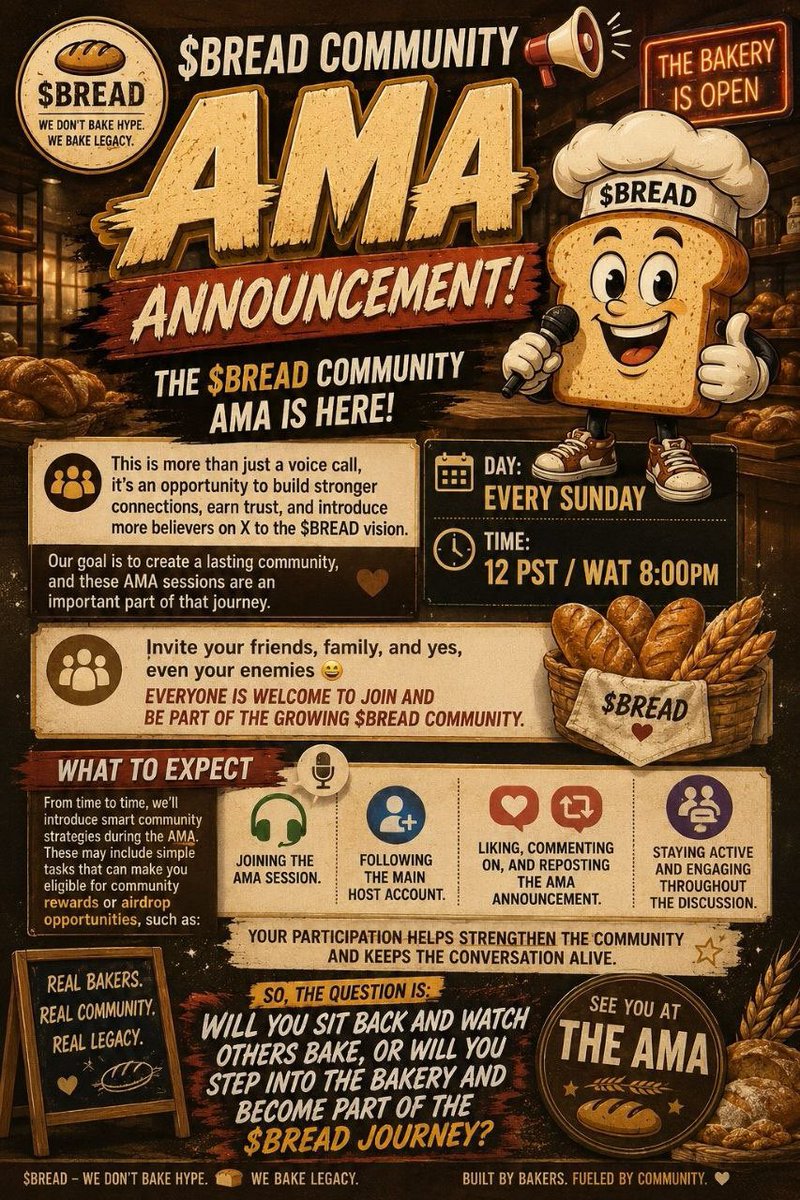4THABREAD's tweet photo. 🚨 It's happening 🚨
$BREAD is hosting its first ever AMA Space on X 🍞

📅 Sunday
🕛 12 PM PST | 8:00 PM WAT
Don't just scroll, join the conversation.

This isn't just another Space. It's where ideas connect, a community grows, and a lasting legacy begins.
Bring your questions, your curiosity, and your energy.

Don't come alone, invite a friend and let's build the future together. 🚀

#BREAD #AMA #Crypto #Web3 #XSpaces