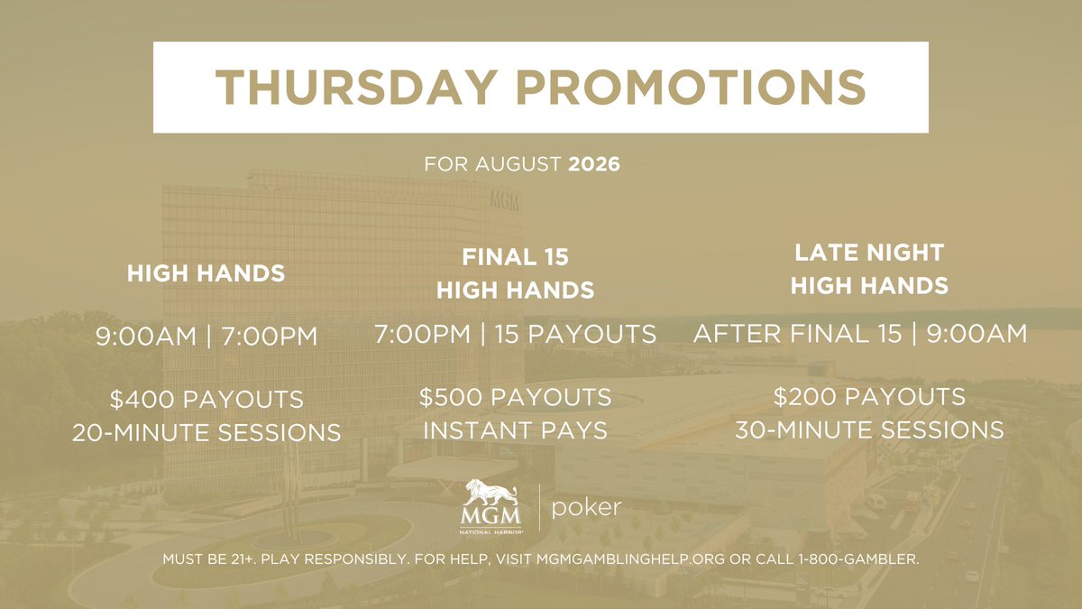 MGMNH_Poker's tweet photo. Thursday • August 6

The first trophy🏆 winner gets crowned today...who's ready to mix it up?

Another full day of PSPO action awaits, with cash games, satellites, and #mixedgames creating the poker room buzz.

#PSPO2026 @BetMGMPoker https://t.co/5AkZaK4Dnf