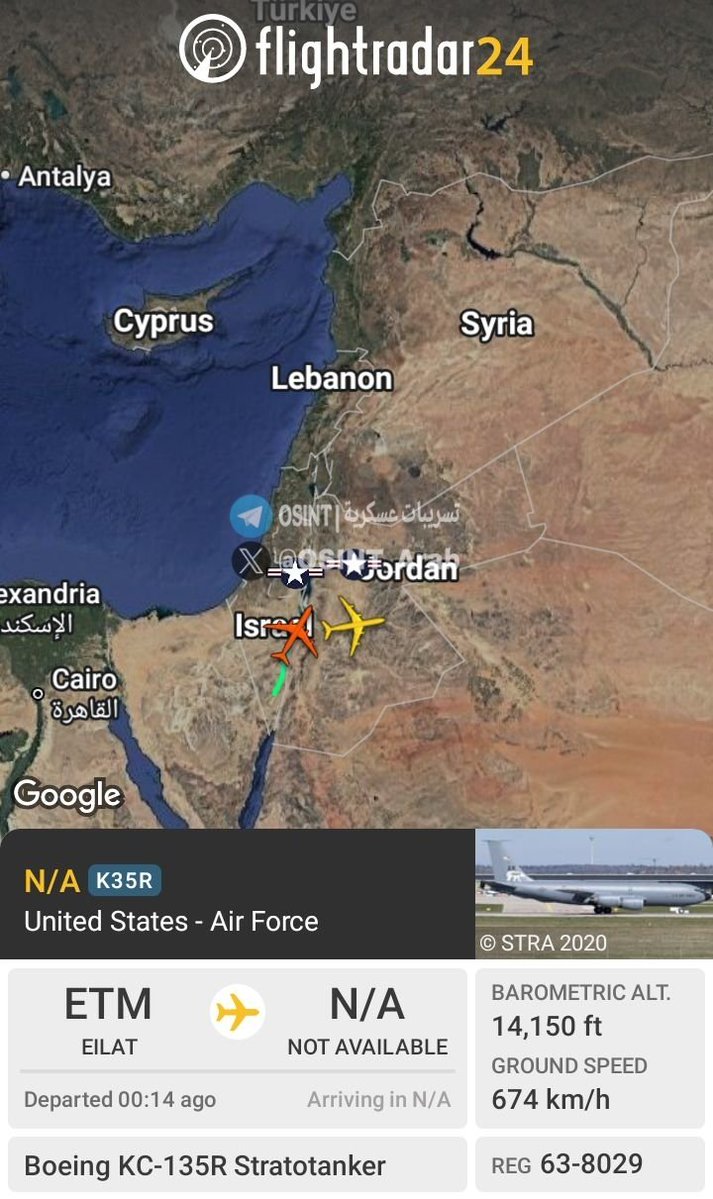 OSINT_Arab's tweet photo. 🇺🇸❌🇮🇷❗️
- إقلاع 3 طائرات للتزويدوبالوقود جوًا من طراز KC-135R ، طائرتان من اسرائيل وطائرة من السعودية باتجاه الخليج العربي.. https://t.co/4KlG091qbk