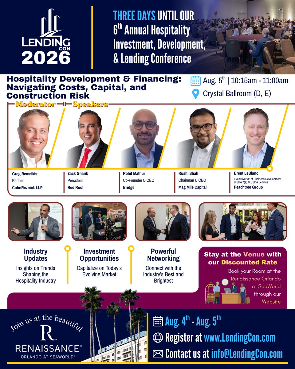 LendingCon_'s tweet photo. 📣 We are just THREE DAYS AWAY from #LendingCon2026, so rest up this weekend for an exciting couple days of learning and networking with the best in the business!

🔗 Reserve your spot now at: https://t.co/6vx2NolnUk

#HospitalityConference #TitansofIndustry #HospitalityIndustry https://t.co/HVhmk9oVvY