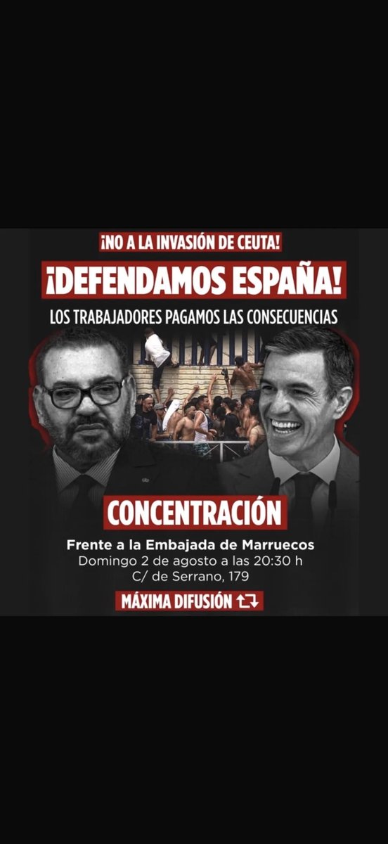 MarcosdeQuinto's tweet photo. Decididamente, hay dos Españas:
Una, la del cobarde Sánchez, que se deja humillar por un monarca de todo a 100…
Y otra, la que mañana se manifestará frente a la embajada de Marruecos en Madrid para defender la integridad del territorio nacional👇 https://t.co/TtEZF30GkZ