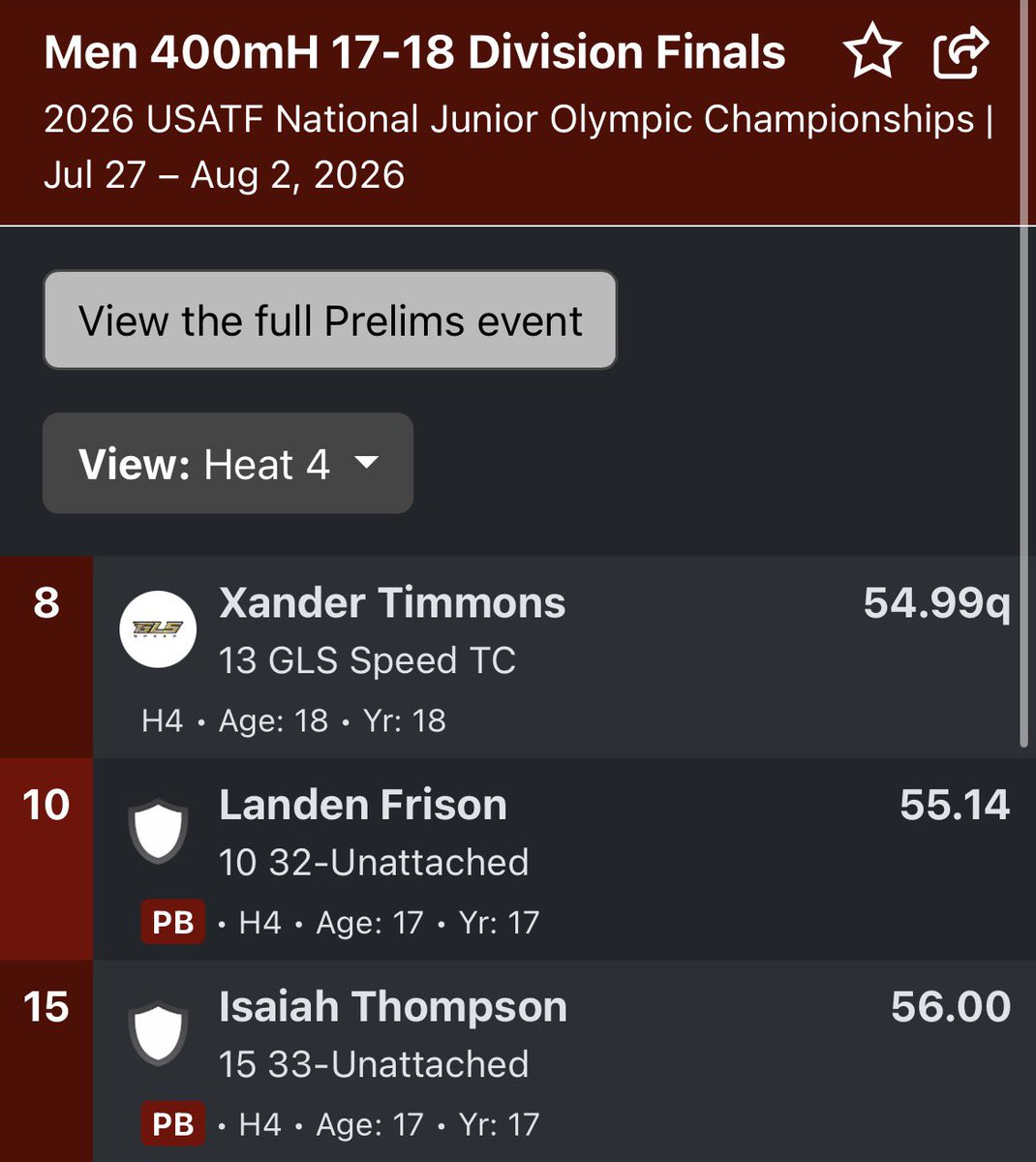 landen_frison's tweet photo. 14.72 110mH 
55.14 400mh
USATF Junior Olympics Nationals Prelims
7/27-8/2 https://t.co/YvHRT34kXt