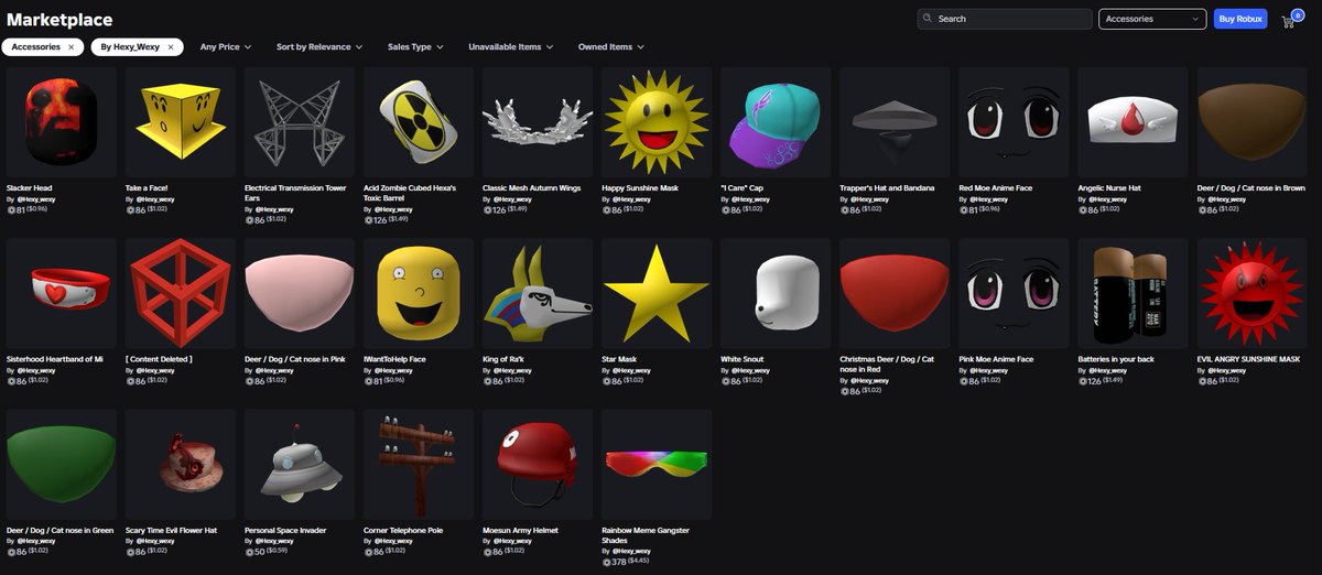 HexyWexy_'s tweet photo. Almost no one cares about Roblox anymore, but if you do and want accessories, all of mine are back on sale! Not sure how many new hats ill be making but perchance keep an eye out! https://t.co/9urcuHRIOm