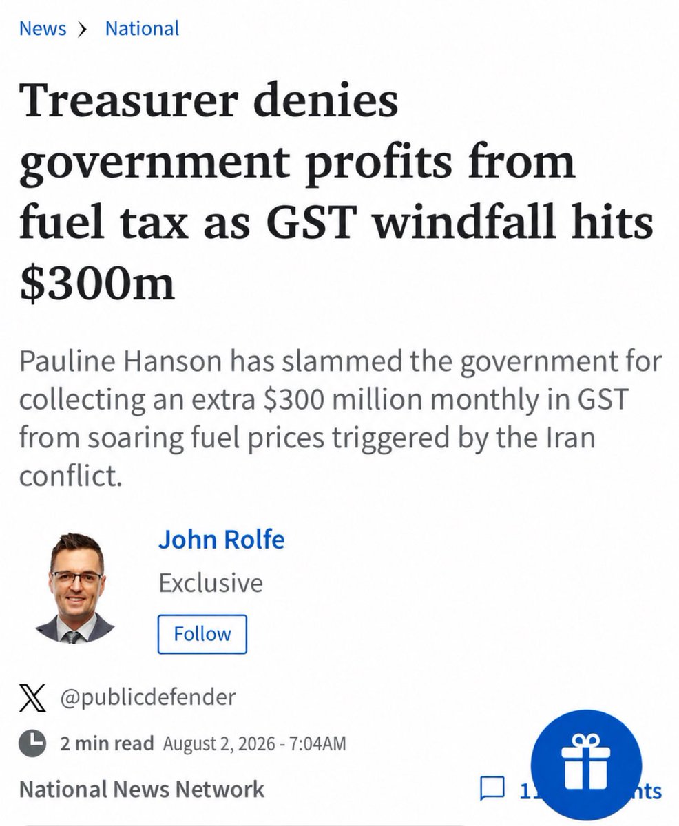 SupportPauline's tweet photo. Can you believe the government is profiting $300 million a month from the spike in fuel prices while you're struggling?

As the pain at the pump increases, so does the government's GST take on every litre.

We need to cut the fuel excise to give Australians immediate relief. https://t.co/4OOWthN7e3