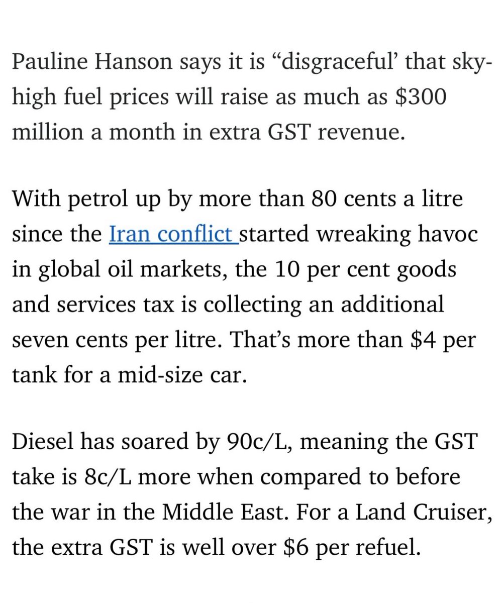 SupportPauline's tweet photo. Can you believe the government is profiting $300 million a month from the spike in fuel prices while you're struggling?

As the pain at the pump increases, so does the government's GST take on every litre.

We need to cut the fuel excise to give Australians immediate relief. https://t.co/4OOWthN7e3