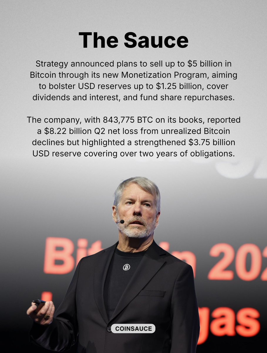 Coinsauce0's tweet photo. Strategy announced a new Monetization Program that allows the company to sell up to $5 billion worth of Bitcoin to strengthen its USD reserves, support dividend payments, interest obligations, and potential share repurchases. https://t.co/hmMDLdZy5d
