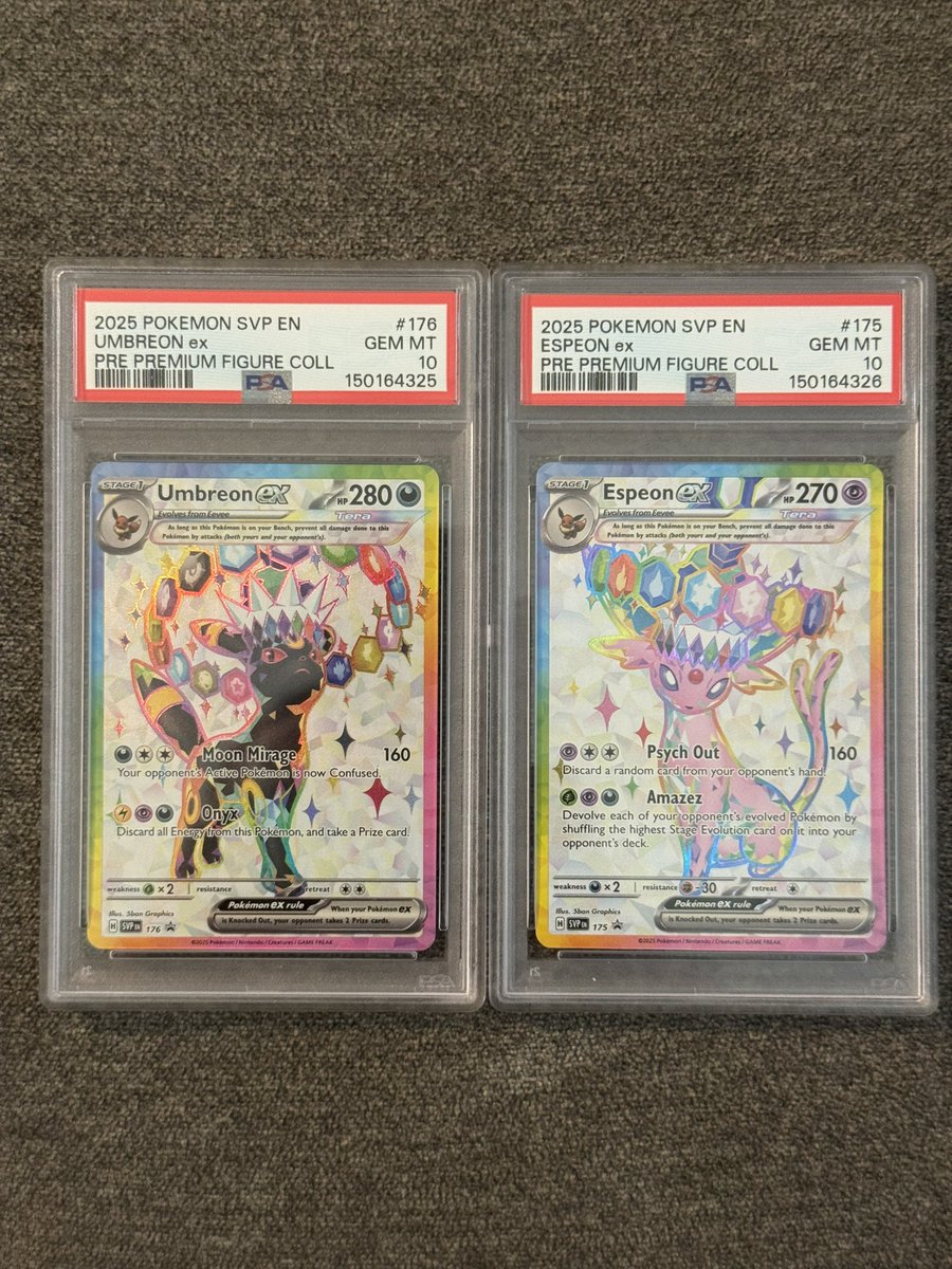 Ronezzz's tweet photo. @dreamyard_ Squirtle - $1750 (New cert and swirl on the bubble) 
Umbreon and Espeon Sequential Set - $350
Meowth - $275 (2 available) https://t.co/kUSAa5T9xj