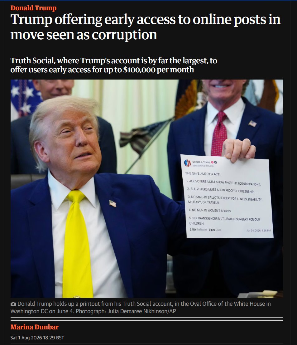 FinanceLancelot's tweet photo. Trump is now charging Wall Street a subscription fee of $100,000 per month for early access to his market moving Truth Social posts.

How is this legal? https://t.co/sIjFQA9CDc